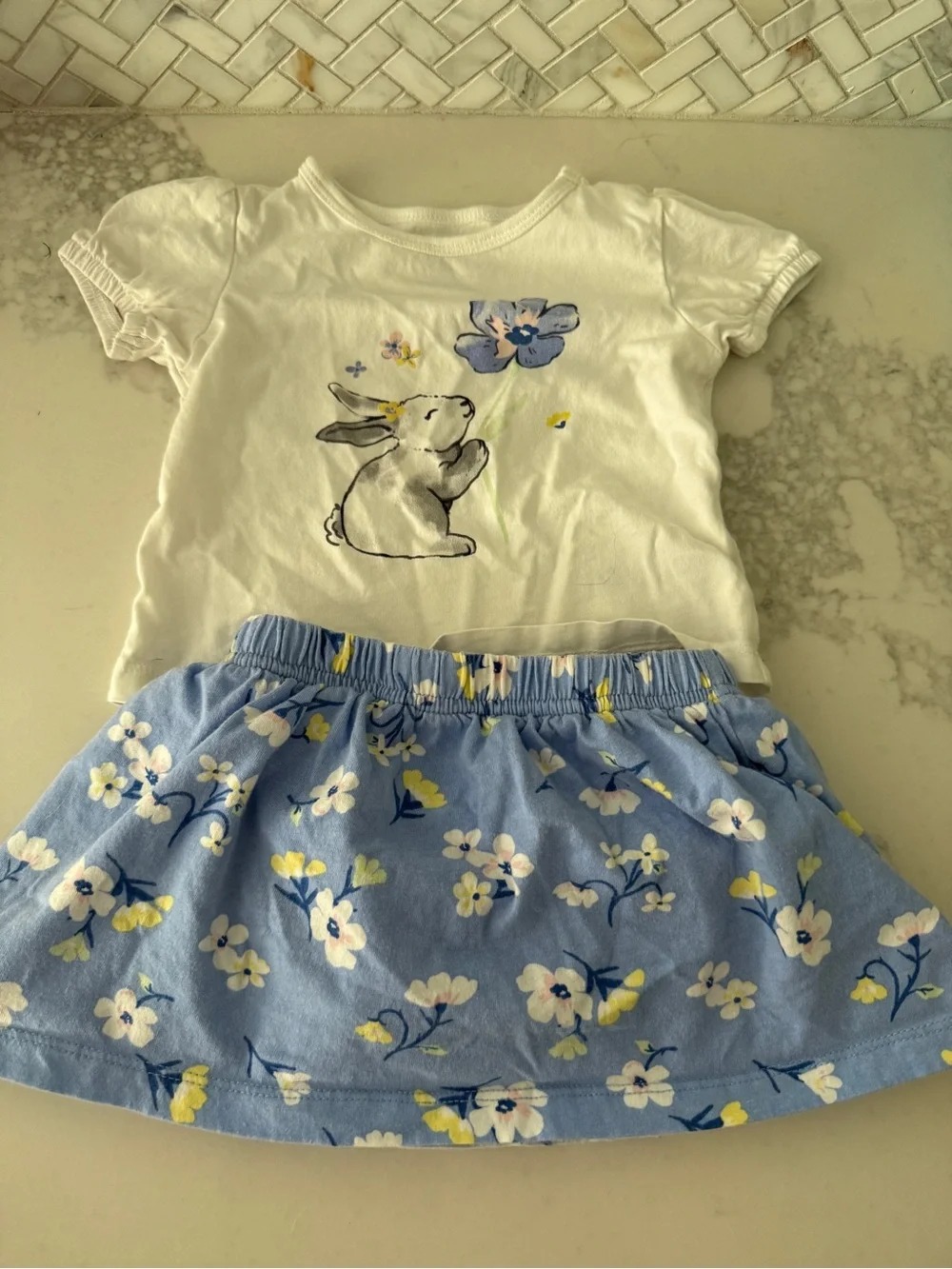 Carter's White Bunny Tee with Light Blue Floral Skirt